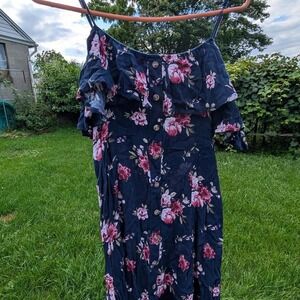 Rue21‎ Floral Print Button Front Ruffle Sleeves Navy Blue Maxi Dress